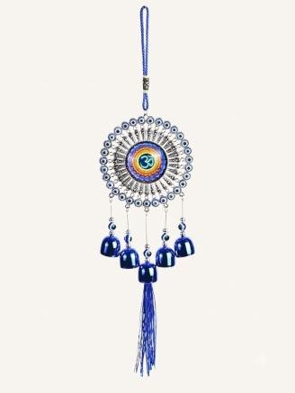 Handmade blue evil eye Om metal hanging decor with bells and tassels for home, office, and car decoration
