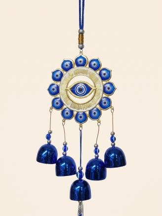Handcrafted blue Evil Eye Nazar wind chime wall hanging with five decorative bells, 15-inch hanging décor for home entrance, living room, balcony, and office.