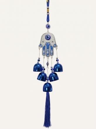 Handcrafted Hamsa Hand Evil Eye wind chime wall hanging with blue Nazar accents, five metallic bells, and decorative tassel, 11-inch hanging décor for home, office, entrance, and balcony.